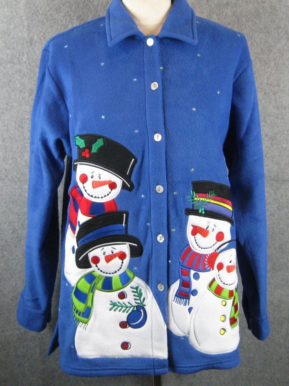 Quacker Factory Christmas Snowman Fleece Jacket M Blue
